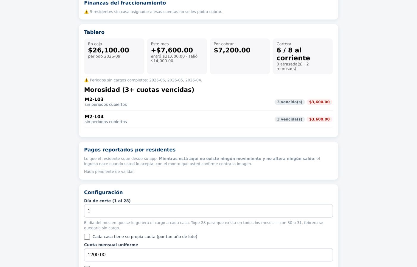 Tablero de finanzas del comité: en caja, por cobrar y cartera