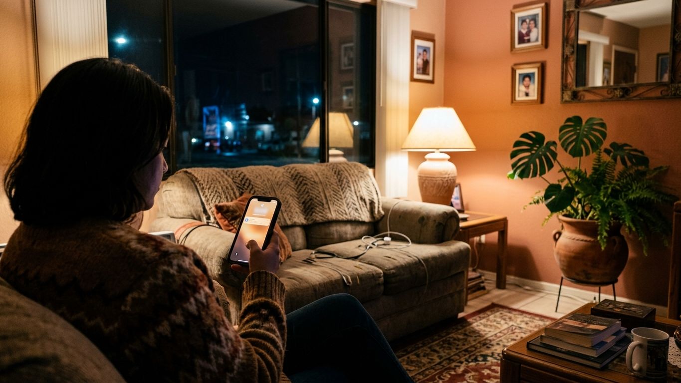 Una residente, de noche en su sala, revisa en el teléfono el aviso de la visita que llegó a la entrada.